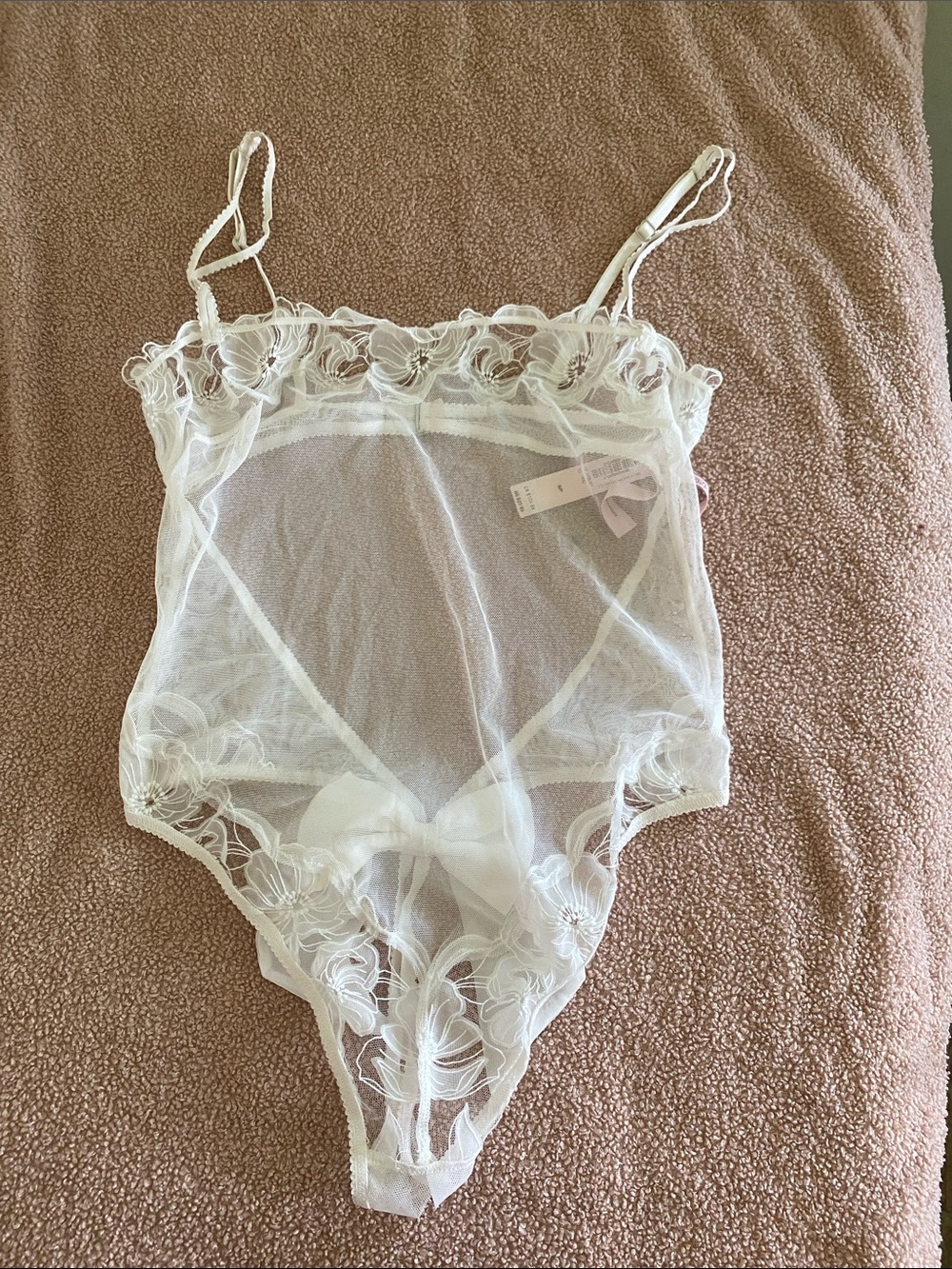 Victoria's Secret Sheer White Floral Lace Chemise Bodysuit with Bow